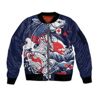 Personalized Football Japan Yatagarasu Sleeve Zip Bomber Jacket Blue Samurai Tsunami Wave Pattern