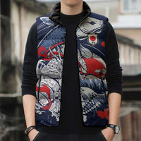 Personalized Football Japan Yatagarasu Sleeveless Puffer Jacket Blue Samurai Tsunami Wave Pattern