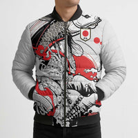 Personalized Football Japan Yatagarasu Bomber Puffer Jacket White Samurai Tsunami Wave Pattern