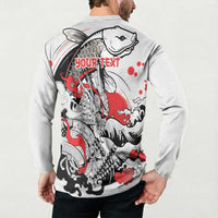 Personalized Football Japan Yatagarasu Button Sweatshirt White Samurai Tsunami Wave Pattern