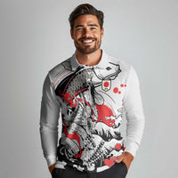 Personalized Football Japan Yatagarasu Long Sleeve Polo Shirt White Samurai Tsunami Wave Pattern