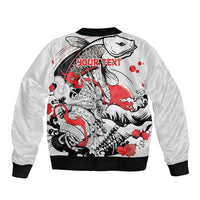 Personalized Football Japan Yatagarasu Sleeve Zip Bomber Jacket White Samurai Tsunami Wave Pattern