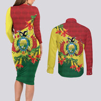 Bolivia Andean Condor Kantuta Flowers Couples Matching Long Sleeve Bodycon Dress and Long Sleeve Button Shirt