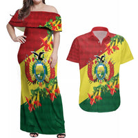 Bolivia Andean Condor Kantuta Flowers Couples Matching Off Shoulder Maxi Dress and Hawaiian Shirt