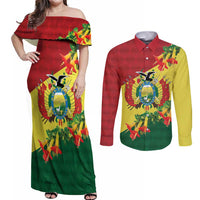 Bolivia Andean Condor Kantuta Flowers Couples Matching Off Shoulder Maxi Dress and Long Sleeve Button Shirt