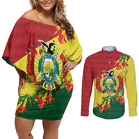 Bolivia Andean Condor Kantuta Flowers Couples Matching Off Shoulder Short Dress and Long Sleeve Button Shirt