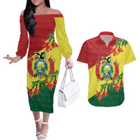 Bolivia Andean Condor Kantuta Flowers Couples Matching Off The Shoulder Long Sleeve Dress and Hawaiian Shirt