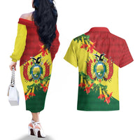 Bolivia Andean Condor Kantuta Flowers Couples Matching Off The Shoulder Long Sleeve Dress and Hawaiian Shirt