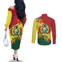 Bolivia Andean Condor Kantuta Flowers Couples Matching Off The Shoulder Long Sleeve Dress and Long Sleeve Button Shirt