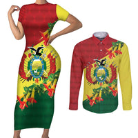 Bolivia Andean Condor Kantuta Flowers Couples Matching Short Sleeve Bodycon Dress and Long Sleeve Button Shirt