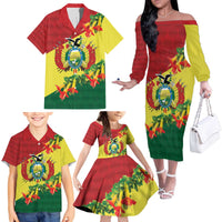 Bolivia Andean Condor Kantuta Flowers Family Matching Off The Shoulder Long Sleeve Dress and Hawaiian Shirt
