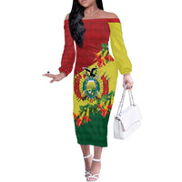 Bolivia Andean Condor Kantuta Flowers Off The Shoulder Long Sleeve Dress