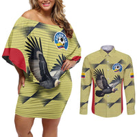 Colombia Football Custom Couples Matching Off Shoulder Short Dress and Long Sleeve Button Shirt Los Cafeteros Andean Condor