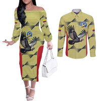 Colombia Football Custom Couples Matching Off The Shoulder Long Sleeve Dress and Long Sleeve Button Shirt Los Cafeteros Andean Condor
