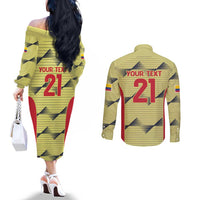 Colombia Football Custom Couples Matching Off The Shoulder Long Sleeve Dress and Long Sleeve Button Shirt Los Cafeteros Andean Condor
