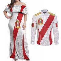 Peru Football Custom Couples Matching Off Shoulder Maxi Dress and Long Sleeve Button Shirt La Bicolor Arriba Peru