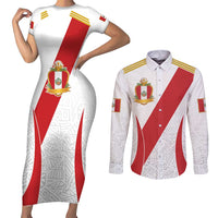 Peru Football Custom Couples Matching Short Sleeve Bodycon Dress and Long Sleeve Button Shirt La Bicolor Arriba Peru