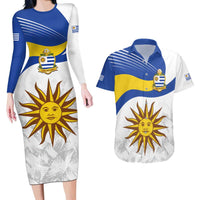 Uruguay Football Custom Couples Matching Long Sleeve Bodycon Dress and Hawaiian Shirt La Celeste Sol de Mayo Motif