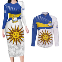 Uruguay Football Custom Couples Matching Long Sleeve Bodycon Dress and Long Sleeve Button Shirt La Celeste Sol de Mayo Motif