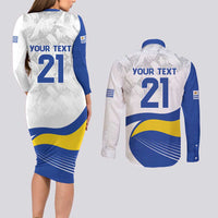 Uruguay Football Custom Couples Matching Long Sleeve Bodycon Dress and Long Sleeve Button Shirt La Celeste Sol de Mayo Motif