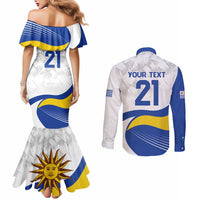 Uruguay Football Custom Couples Matching Mermaid Dress and Long Sleeve Button Shirt La Celeste Sol de Mayo Motif