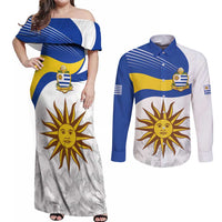 Uruguay Football Custom Couples Matching Off Shoulder Maxi Dress and Long Sleeve Button Shirt La Celeste Sol de Mayo Motif