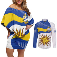Uruguay Football Custom Couples Matching Off Shoulder Short Dress and Long Sleeve Button Shirt La Celeste Sol de Mayo Motif