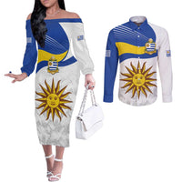 Uruguay Football Custom Couples Matching Off The Shoulder Long Sleeve Dress and Long Sleeve Button Shirt La Celeste Sol de Mayo Motif