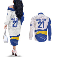Uruguay Football Custom Couples Matching Off The Shoulder Long Sleeve Dress and Long Sleeve Button Shirt La Celeste Sol de Mayo Motif