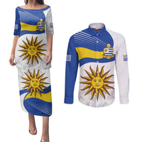 Uruguay Football Custom Couples Matching Puletasi and Long Sleeve Button Shirt La Celeste Sol de Mayo Motif