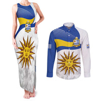 Uruguay Football Custom Couples Matching Tank Maxi Dress and Long Sleeve Button Shirt La Celeste Sol de Mayo Motif