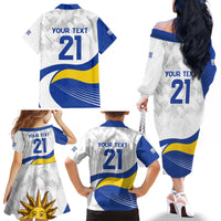 Uruguay Football Custom Family Matching Off The Shoulder Long Sleeve Dress and Hawaiian Shirt La Celeste Sol de Mayo Motif