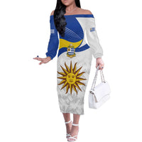 Uruguay Football Custom Family Matching Off The Shoulder Long Sleeve Dress and Hawaiian Shirt La Celeste Sol de Mayo Motif