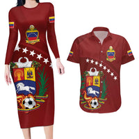 Venezuela Football Custom Couples Matching Long Sleeve Bodycon Dress and Hawaiian Shirt La Vinotinto Red Wine Coat of Arms