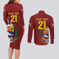Venezuela Football Custom Couples Matching Long Sleeve Bodycon Dress and Long Sleeve Button Shirt La Vinotinto Red Wine Coat of Arms