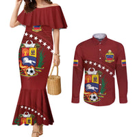Venezuela Football Custom Couples Matching Mermaid Dress and Long Sleeve Button Shirt La Vinotinto Red Wine Coat of Arms