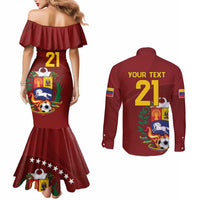 Venezuela Football Custom Couples Matching Mermaid Dress and Long Sleeve Button Shirt La Vinotinto Red Wine Coat of Arms