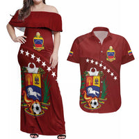 Venezuela Football Custom Couples Matching Off Shoulder Maxi Dress and Hawaiian Shirt La Vinotinto Red Wine Coat of Arms