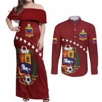 Venezuela Football Custom Couples Matching Off Shoulder Maxi Dress and Long Sleeve Button Shirt La Vinotinto Red Wine Coat of Arms