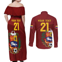 Venezuela Football Custom Couples Matching Off Shoulder Maxi Dress and Long Sleeve Button Shirt La Vinotinto Red Wine Coat of Arms