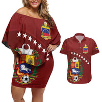 Venezuela Football Custom Couples Matching Off Shoulder Short Dress and Hawaiian Shirt La Vinotinto Red Wine Coat of Arms