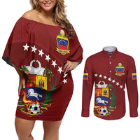 Venezuela Football Custom Couples Matching Off Shoulder Short Dress and Long Sleeve Button Shirt La Vinotinto Red Wine Coat of Arms