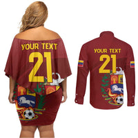 Venezuela Football Custom Couples Matching Off Shoulder Short Dress and Long Sleeve Button Shirt La Vinotinto Red Wine Coat of Arms