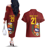 Venezuela Football Custom Couples Matching Off The Shoulder Long Sleeve Dress and Hawaiian Shirt La Vinotinto Red Wine Coat of Arms