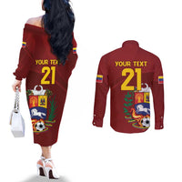 Venezuela Football Custom Couples Matching Off The Shoulder Long Sleeve Dress and Long Sleeve Button Shirt La Vinotinto Red Wine Coat of Arms
