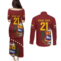 Venezuela Football Custom Couples Matching Puletasi and Long Sleeve Button Shirt La Vinotinto Red Wine Coat of Arms