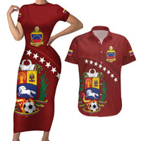 Venezuela Football Custom Couples Matching Short Sleeve Bodycon Dress and Hawaiian Shirt La Vinotinto Red Wine Coat of Arms