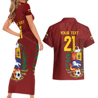 Venezuela Football Custom Couples Matching Short Sleeve Bodycon Dress and Hawaiian Shirt La Vinotinto Red Wine Coat of Arms
