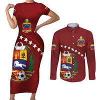 Venezuela Football Custom Couples Matching Short Sleeve Bodycon Dress and Long Sleeve Button Shirt La Vinotinto Red Wine Coat of Arms