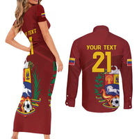 Venezuela Football Custom Couples Matching Short Sleeve Bodycon Dress and Long Sleeve Button Shirt La Vinotinto Red Wine Coat of Arms